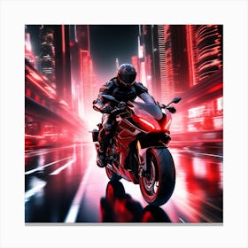 The Image Depicts A Futuristic Scene With A Black And Red Motorcycle Ridden By A Cyborg 1 Canvas Print