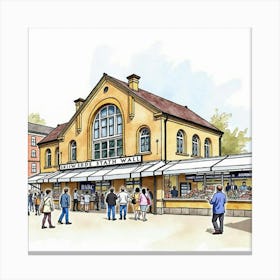 Watercolor Painting Of The Market Hall In Shrewsbury, Showcasing Its Historic Structure And Bustling Market Atmosphere Canvas Print