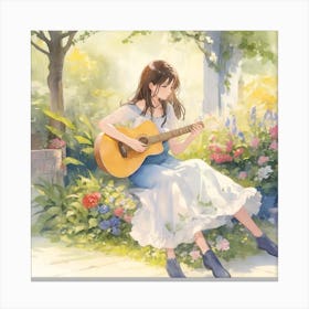 Beautiful Woman Playing Guitar In The Garde 0 Canvas Print