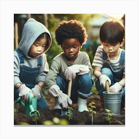 Children Planting In The Garden Canvas Print