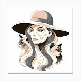 Elegant Woman with Hat And Cats Pastell Color Drawing Canvas Print