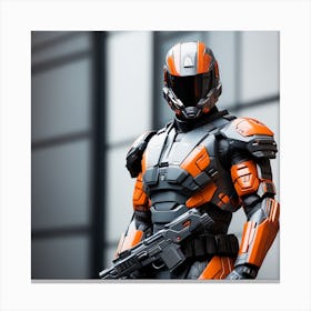 A Futuristic Warrior Stands Tall, His Gleaming Suit And Orange And Sky Blue Visor Commanding Attention 1 Canvas Print