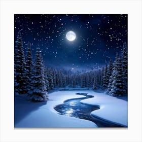 Snowy Forest Under A Full Moon With Lunar Beams Filtering Through The Trees Casting Elongated Shad Canvas Print