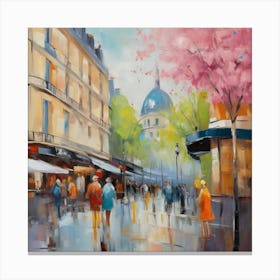 Paris In Spring.Paris city, pedestrians, cafes, oil paints, spring colors. Canvas Print