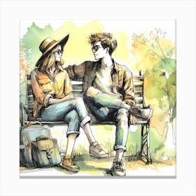 Couple Sitting On A Bench Canvas Print