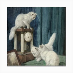 Three Cats In Front Of A Clock Canvas Print