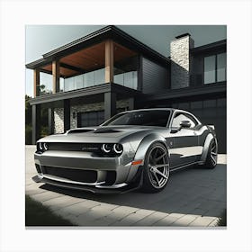 Silver Grey Dodge Hellcat With Full Body Kit In Front Of Modern House 2 Canvas Print