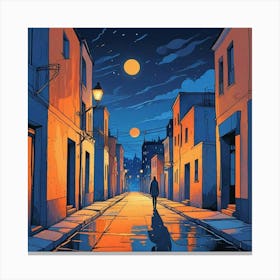 Night Scene Of A Street With A Person Walking Down The Street Art (4) Canvas Print