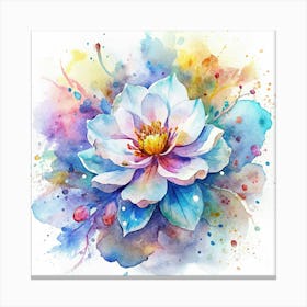 Watercolor Flower With Blue And Yellow Splashes Canvas Print