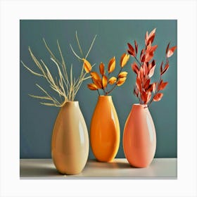 three vases with different colored flowers in them on a table, Three Vases Canvas Print