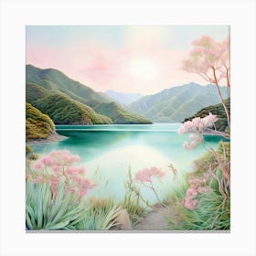 Watercolour Landscape Marlborough Sounds Shades Of Blush Pink Pale Blue And Mint Green Canvas Print