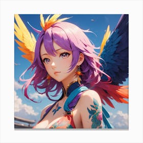 Anime Girl With Colorful Feathers Canvas Print