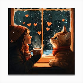 Cat and Person Sharing Hot Cocoa Artwork Canvas Print