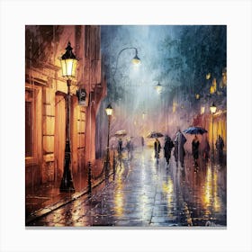 Twilight Rain Ethereal Watercolor Painting Of A Cobblestone Street At Night (2) Canvas Print