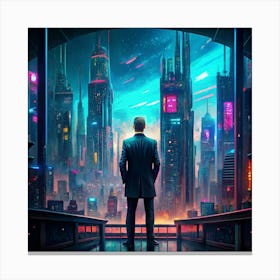 A Man In A Suit Standing On A Balcony Overlooking A Futuristic City Canvas Print