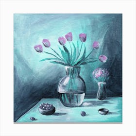 Tulips And Fruits - square mint teal painting floral flowers hand painted living room bedroom Canvas Print