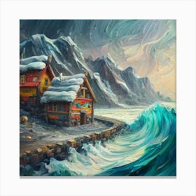 Acrylic and impasto pattern, mountain village, sea waves, log cabin, high definition, detailed geometric 3 Canvas Print