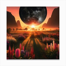 Moon Over A Field Of Flowers Canvas Print