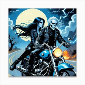 Skeleton Couple On Motorcycle Canvas Print