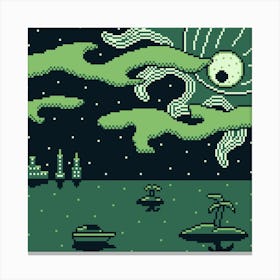 Pixel Art Ship Sea Monster Boat Island Night Canvas Print