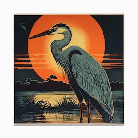 Retro Bird Lithograph Great Blue Heron 2 Canvas Print