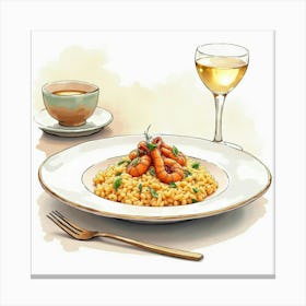 Watercolor Sketch Of A Rich And Creamy Seafood Risotto On A Modern Dining Table Canvas Print