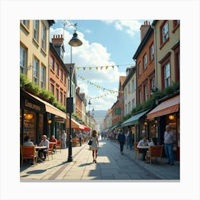 A Bustling English High Street With Shops, Cafés, And Pedestrians 1 Canvas Print