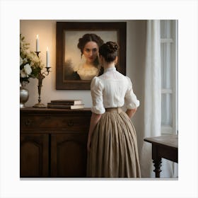 Contemplative Woman At Sideboard Vintage Interior Oil Painting Canvas Print