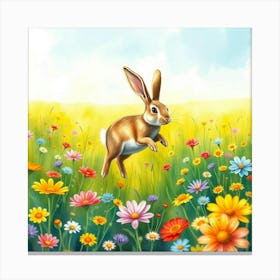 A Rabbit Jumping Through A Vibrant Field Of Rainbow Flowers, In A Whimsical Watercolor Scene Canvas Print