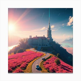 Pink Flowers On A Hill Canvas Print