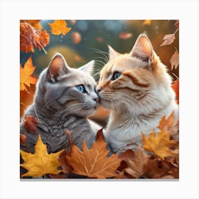 Two Cats Kissing In Autumn Leaves Canvas Print