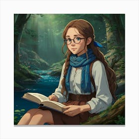 Studio Ghibli ~ Hayao Miyazaki ~ Beautiful elf woman with braided long brown hair, brown eyes, and freckles. wearing a blue scarf, glasses, comfy looking outfit, skirt and thigh highs. sitting and reading a book in a whimsical magical forest with water nearby. whimsical, tetradic colors, The style is highly detailed and vivid, with a blend of realism and fantasy art elements, emphasizing a moody and ethereal ambiance. epic masterpiece, cinematic experience, 8k, fantasy digital art, HDR, UHD. This contrast between the fantastical character and the more traditional fantasy color scheme and elements gives the piece an intriguing narrative quality. 2 Canvas Print