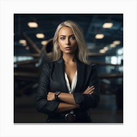 Young Woman In An Airplane Hangar Canvas Print