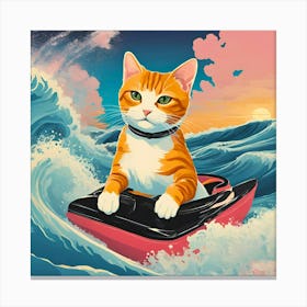 Cat On A Surfboard and waves abstract colorful artwork Canvas Print