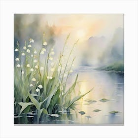 A Lily Of The Valley Along A Misty Rivers Edge At Dawnwatercolor On Paper Soft Brush Strokes Pas (2) Canvas Print