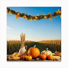 Autumnal Harvest Scene Capturing A Gourd Squash And Pumpkin Amongst A Field Of Corn Under A Cornfl (4) Canvas Print