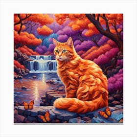 Orange Cat By The Waterfall Canvas Print