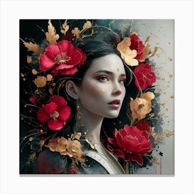 Chinese Woman With Red Flowers Canvas Print