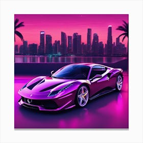 Ferrari Car In Front of Miami Skyline Canvas Print