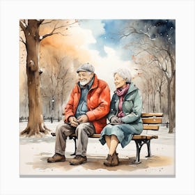 Old Couple Sitting On Park Bench Canvas Print