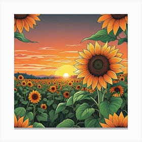 A Vibrant Field Of Sunflowers Stretching Towards The Horizon Under A Bright Sun A Poster Of Sunflowers In A Field With The Sun In The Background (1) Canvas Print