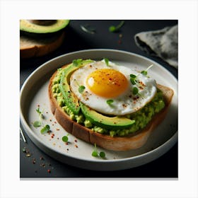 "A delectable breakfast of champions, featuring a golden fried egg artfully nestled atop a bed of creamy avocado🥑🍞, all lovingly embraced by a slice of crusty whole wheat toast. The toast is adorned with a sprinkle of aromatic spices, adding a delightful touch of flavor to every bite. The dish is elegantly presented on a ceramic plate, inviting you to savor the perfect balance of textures and flavors in each forkful. Whether you're starting your day with a hearty breakfast or treating yourself to a delightful brunch, this culinary masterpiece is sure to delight your taste buds and nourish your soul. Canvas Print