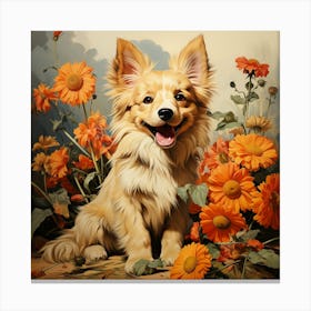 Corgi In Flowers 1 Canvas Print