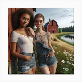 Two Girls In Overalls Canvas Print