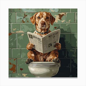 Dog Reading Newspaper On Toilet Canvas Print