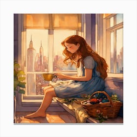 Girl Sitting On A Window Sill Canvas Print