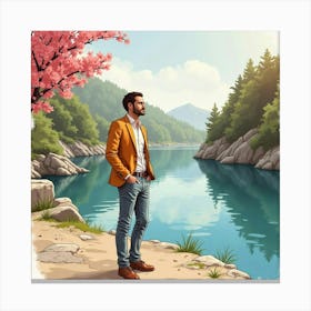 Stylish Man In Watercolor Outfit, Romantic Riverside View 1 Canvas Print