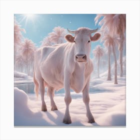 Digital Oil, Cow Wearing A Winter Coat, Whimsical And Imaginative, Soft Snowfall, Pastel Pinks, Blue Canvas Print