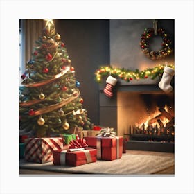 Christmas Tree In Front Of Fireplace 3 Canvas Print