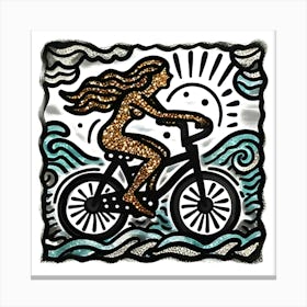 A Glittering Mermaid Riding A Polka Dotted Bicycle, Inspired By The Bold And Graphic Designs Of Keith Haring, With A Black And Gold Palette, Where The Mermaid Is In Focus And The Surrounding Sea And Sky Are Blurred Into Abstract Shapes 2 Canvas Print